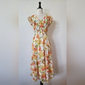 Floral Smocked Waist Maxi Dress - White with Peach & Green
